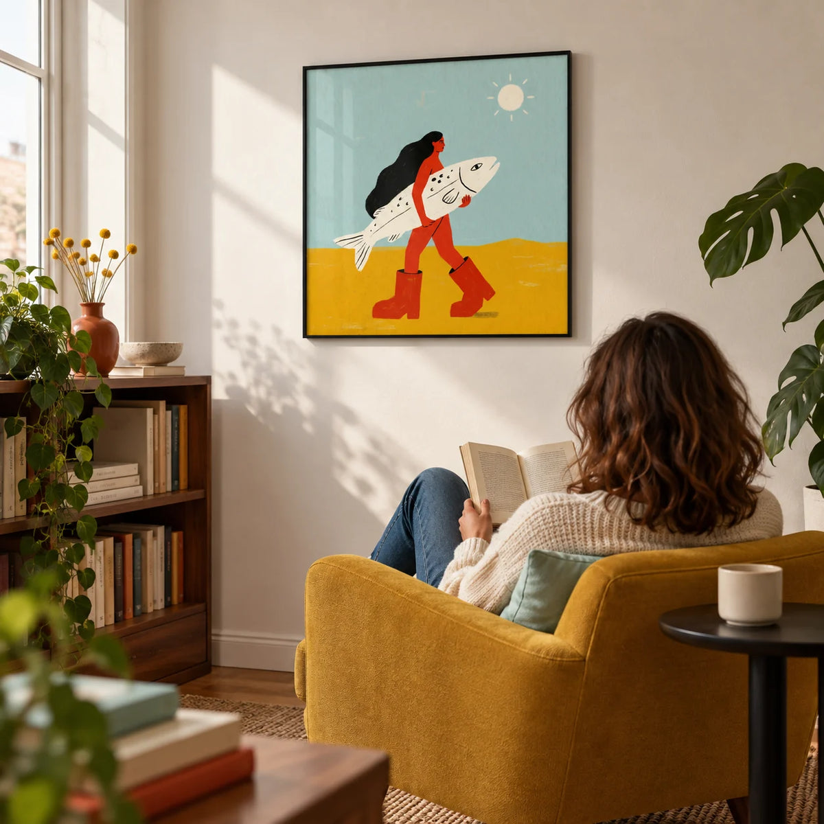 Woman Carrying Fish Print, framed on the wall of a compact reading corner in a first flat for an adult art lover (25-35) in a living room