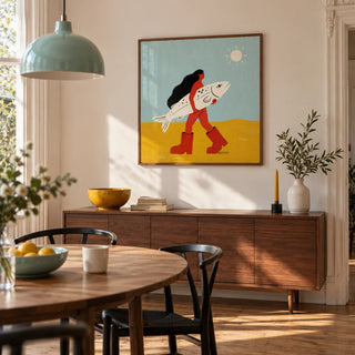 Woman Carrying Fish Print, framed on the wall of a modern dining room in a Victorian terrace with warm white walls and an oak floor