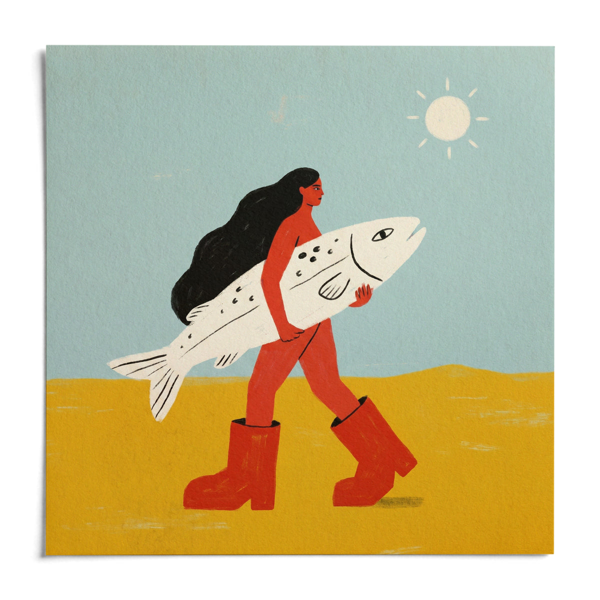 Woman Carrying Fish Print, shown as an unframed paper print on a plain white background