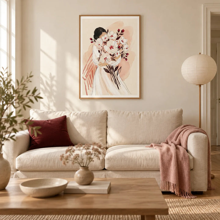 Woman Holding Flowers Print, framed on the wall of a calm contemporary living room in a UK terraced home with warm ivory walls and oak floorboards