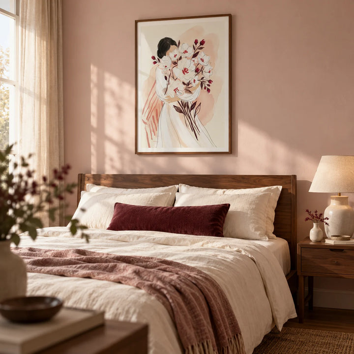 Woman Holding Flowers Print, framed on the wall of a restful adult bedroom with pale blush walls and warm wooden furniture