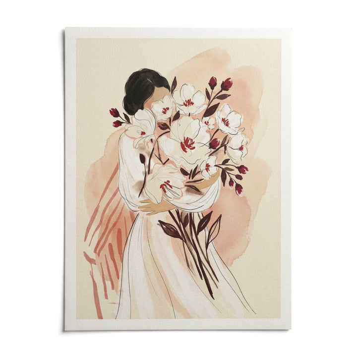 Woman Holding Flowers Print, shown as an unframed paper print on a plain white background