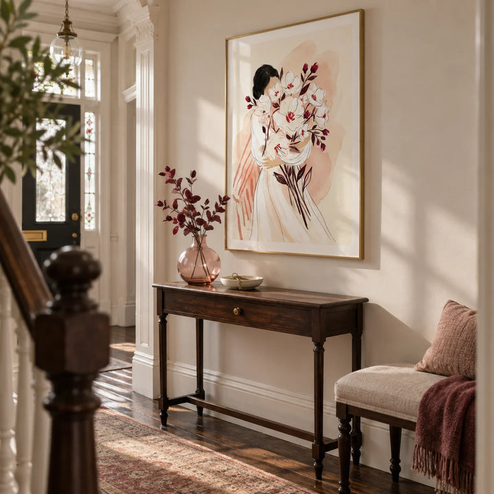 Woman Holding Flowers Print, framed on the wall of a welcoming hallway in a Victorian terrace with soft ivory walls and restored dark wooden floorboards