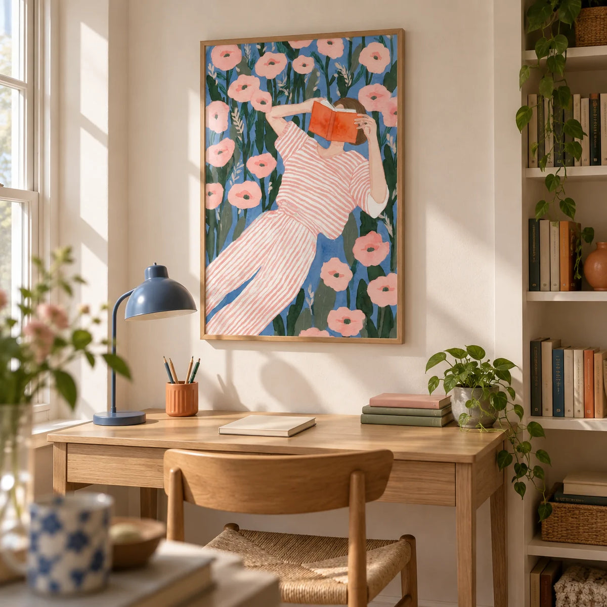 Woman Reading Art Print, framed on the wall of a light home study for a book-loving young adult (22-30) with a warm white wall and a narrow alcove of books