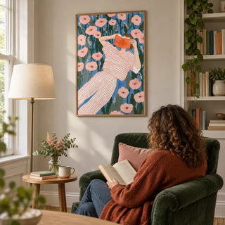 Woman Reading Art Print, framed on the wall of a quiet reading corner in a Victorian terrace with a pale warm grey wall and built-in bookshelves to one side in a living room