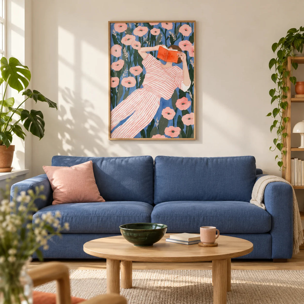 Woman Reading Art Print, framed on the wall of a relaxed contemporary living room in a UK first flat (25-35) with warm white walls and pale oak floorboards