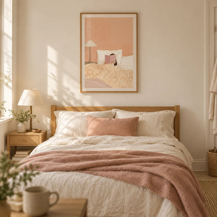 Woman Reading Book Art, framed on the wall of a cosy bedroom in a UK terraced home with a warm cream wall and pale timber floor