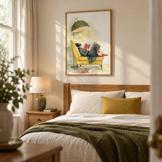 Woman Reading In Armchair Print, framed on the wall of a calm adult bedroom in a Victorian terrace with a pale cream wall