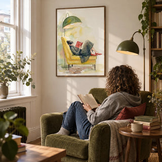 Woman Reading In Armchair Print, framed on the wall of a quiet reading corner beside a sash window in a book lover's flat with a warm white wall in a living room
