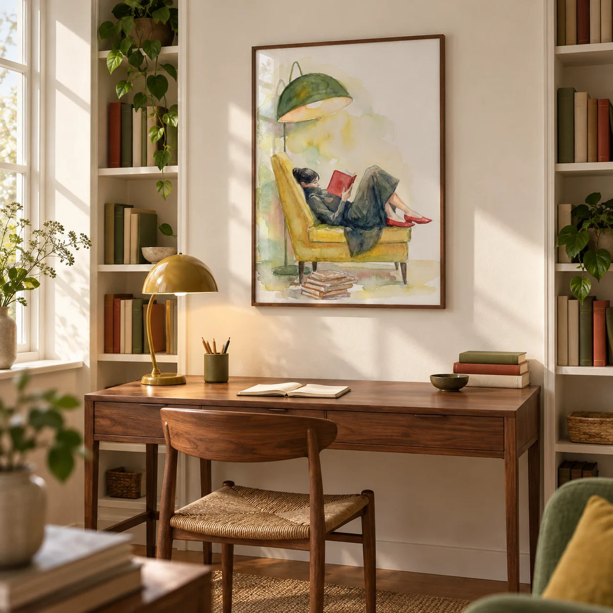 Woman Reading In Armchair Print, framed on the wall of a small literary home study with warm white walls and fitted low bookshelves