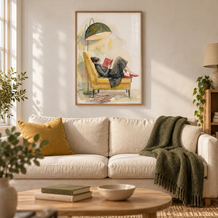 Woman Reading In Armchair Print, framed on the wall of a warm Scandi living room in a UK terraced house with an ivory plaster wall and honey oak floor