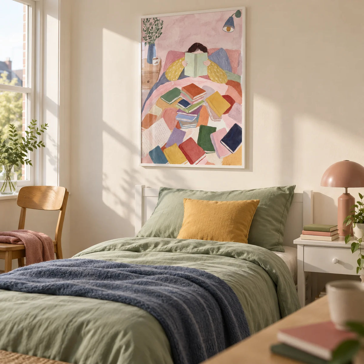 Woman Reading In Bed Art Print, framed on the wall of a bright single bedroom for a university student (18-21) in a UK shared house with a pale cream wall