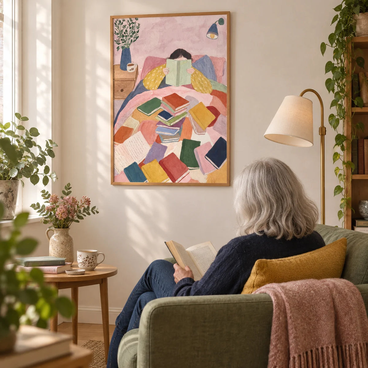 Woman Reading In Bed Art Print, framed on the wall of a cosy reading corner in a young woman's first flat (22-28) with a soft cream wall in a living room
