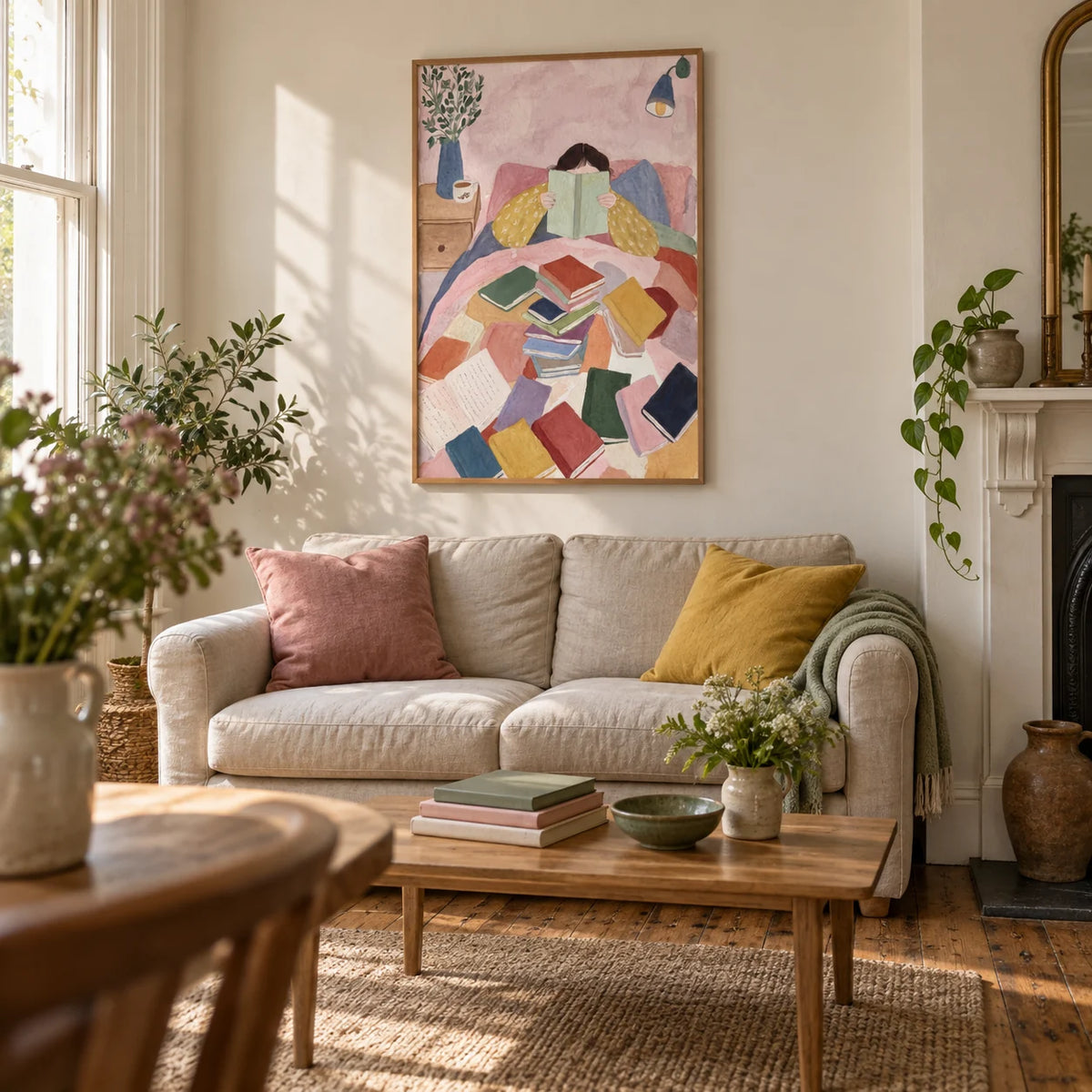 Woman Reading In Bed Art Print, framed on the wall of a relaxed living room in a Victorian terrace with a cream chimney breast and stripped wooden floorboards