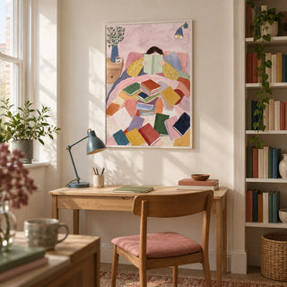Woman Reading In Bed Art Print, framed on the wall of a small book lover's study in a UK flat with warm white walls and a recessed bookcase of neatly arranged books with plain unlettered spines