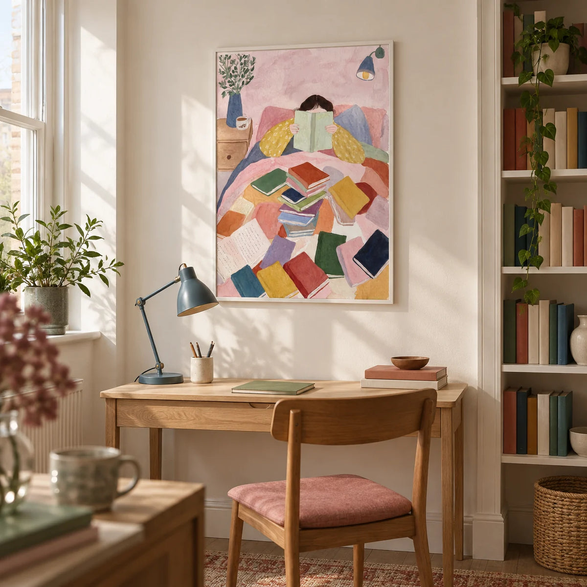 Woman Reading In Bed Art Print, framed on the wall of a small book lover's study in a UK flat with warm white walls and a recessed bookcase of neatly arranged books with plain unlettered spines