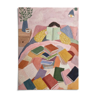 Woman Reading In Bed Art Print, shown as an unframed paper print on a plain white background