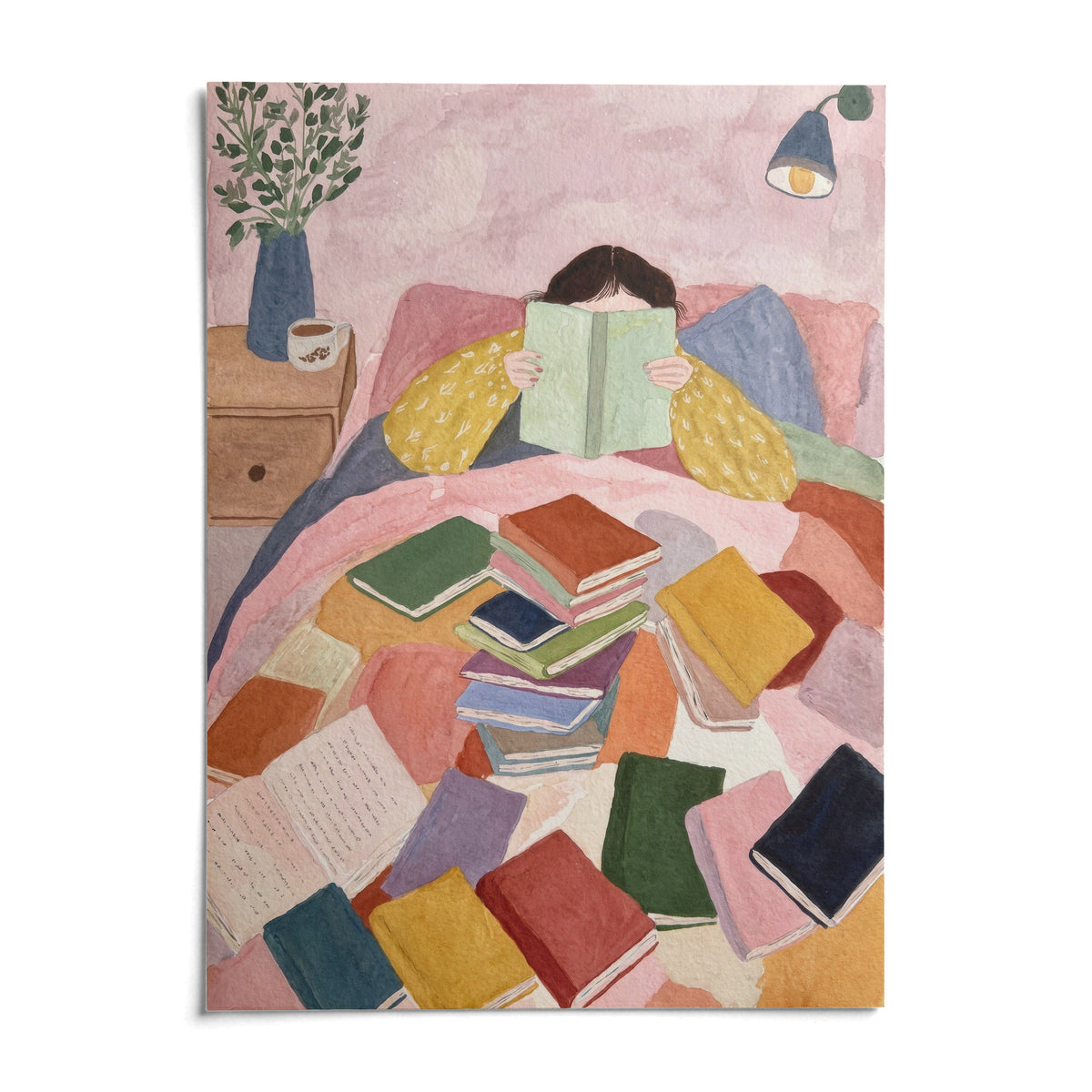 Woman Reading In Bed Art Print, shown as an unframed paper print on a plain white background
