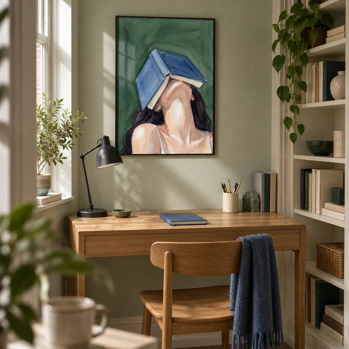 Woman Reading Portrait Print, framed on the wall of a compact home study in a UK flat with a pale sage wall and built-in cream bookshelves