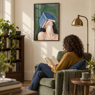 Woman Reading Portrait Print, framed on the wall of a quiet reading corner in a Victorian terrace with a pale cream wall and a low walnut bookcase in a living room