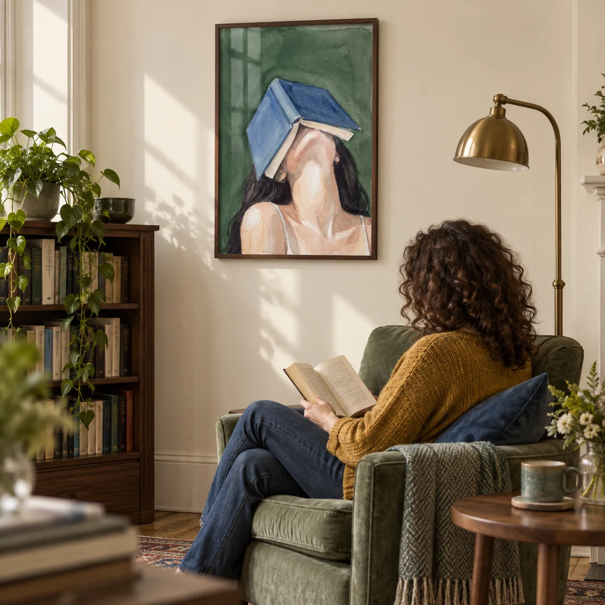 Woman Reading Portrait Print, framed on the wall of a quiet reading corner in a Victorian terrace with a pale cream wall and a low walnut bookcase in a living room