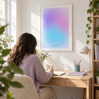 Wonder Poster, framed on the wall of a bright creative home study in a UK flat with a white wall and a pale oak desk