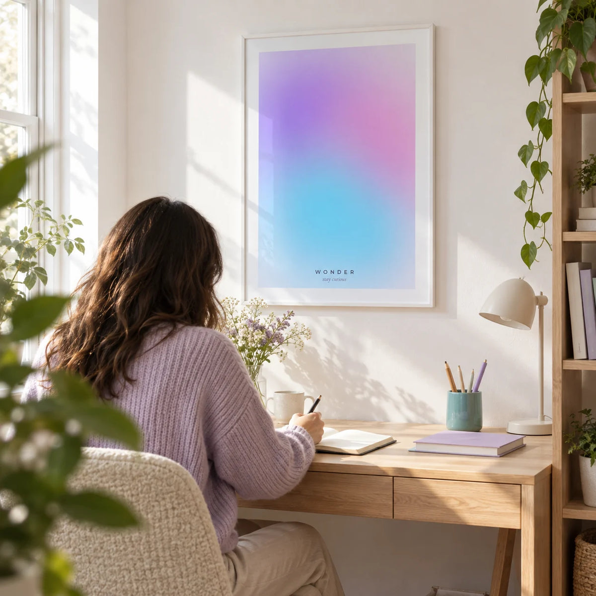Wonder Poster, framed on the wall of a bright creative home study in a UK flat with a white wall and a pale oak desk