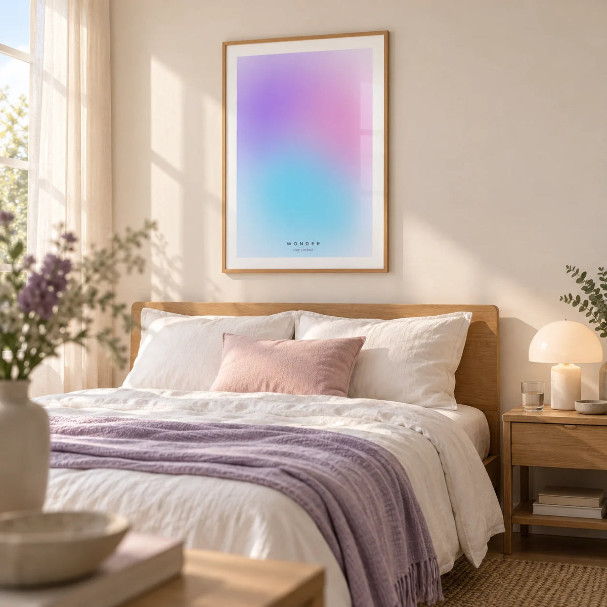 Wonder Poster, framed on the wall of a calm contemporary bedroom with a warm white wall