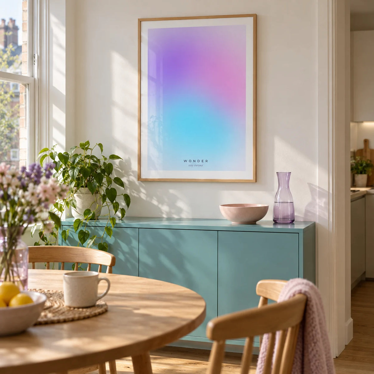 Wonder Poster, framed on the wall of a compact modern dining nook in a UK city flat with a soft white wall