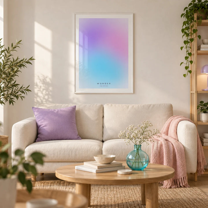 Wonder Poster, framed on the wall of a modern living room in a UK first flat (22-28) with a soft white wall and pale oak flooring