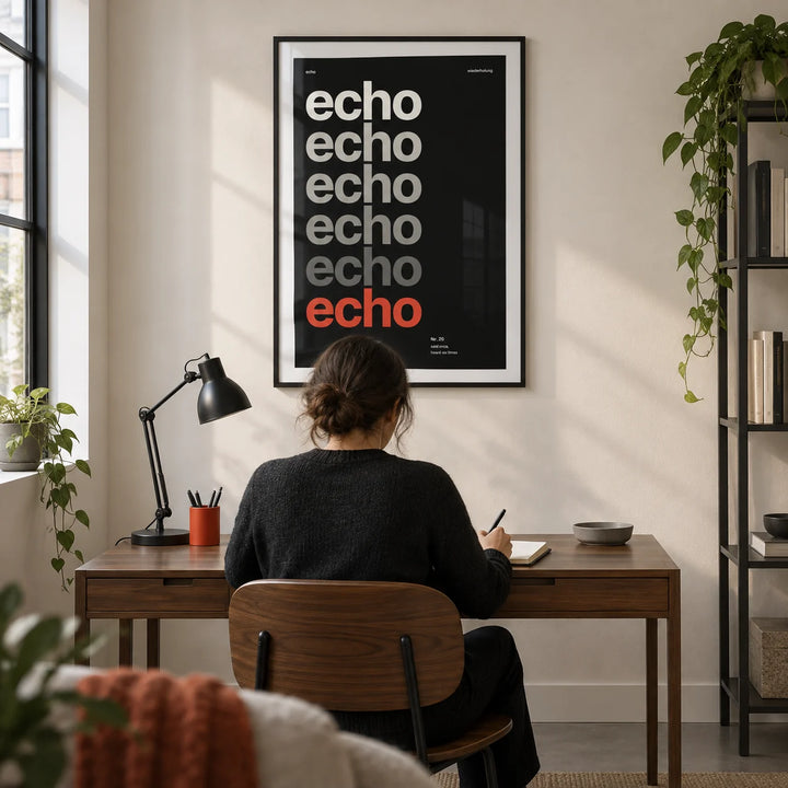 Word Poster, framed on the wall of a crisp home design studio in a UK city flat with an ivory wall and a grey floor in a home office