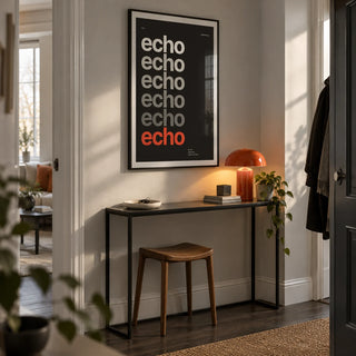 Word Poster, framed on the wall of a design-led entrance hallway in a young professional's UK flat with pale grey walls and a dark timber floor