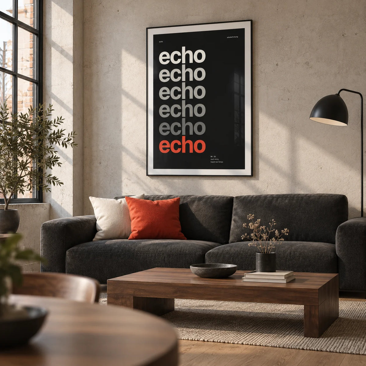 Word Poster, framed on the wall of a modern living room in a converted UK warehouse flat with pale concrete walls and oak flooring