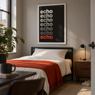 Word Poster, framed on the wall of a modern single bedroom for a young adult (22-28) in a first UK flat with a warm grey wall