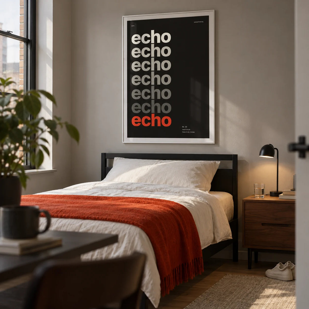 Word Poster, framed on the wall of a modern single bedroom for a young adult (22-28) in a first UK flat with a warm grey wall