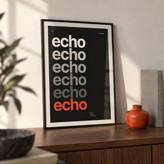 Word Poster, a small A4 framed print leaning on a walnut shelf in a living room