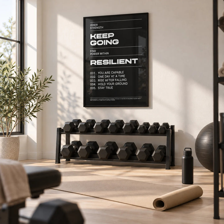Work Hard Wall Art, framed on the wall of a clean home gym in a spare room