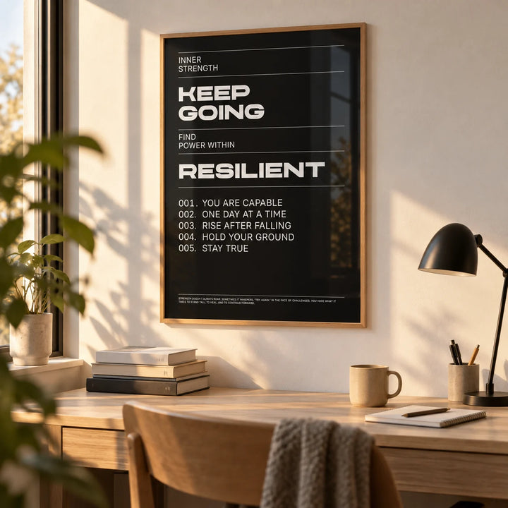 Work Hard Wall Art, framed on the wall of a neat university room for an 18-21 year old in a home office