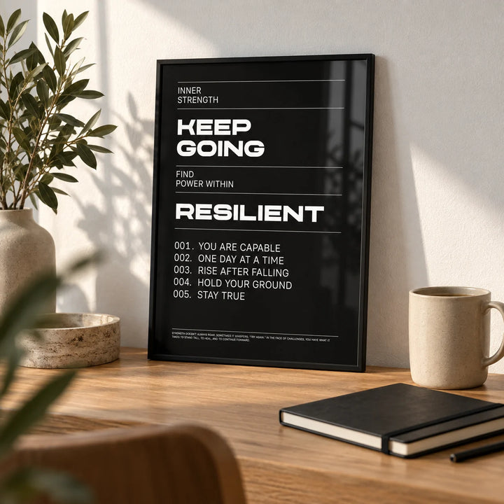 Work Hard Wall Art, a small A4 framed print leaning on an oak desk