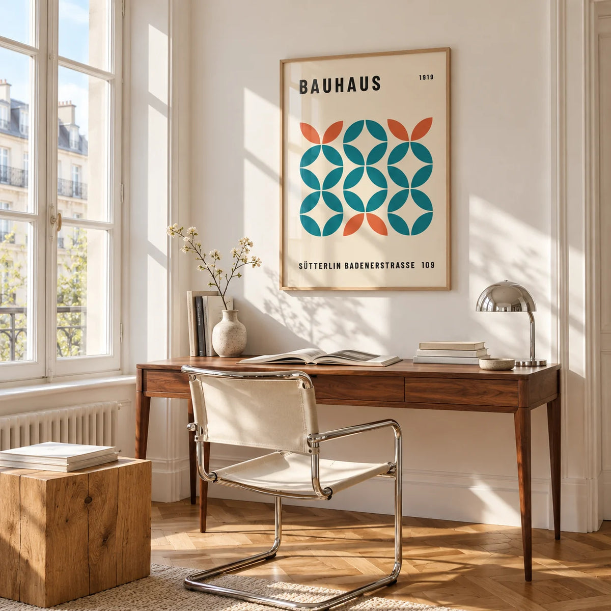 Work Office Wall Art, framed on the wall of a bright study corner with a tall white paned window