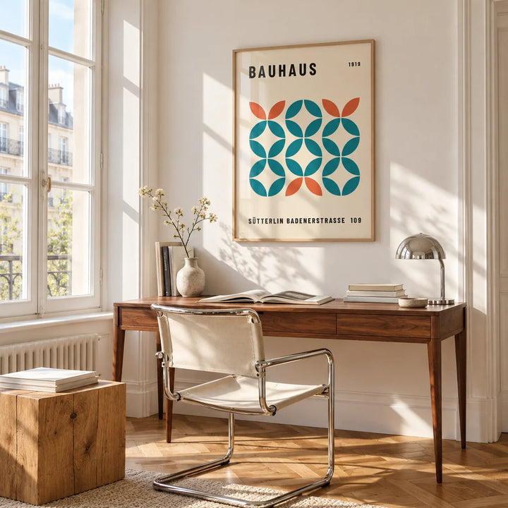 Work Office Wall Art, framed on the wall of a bright study corner with a tall white paned window