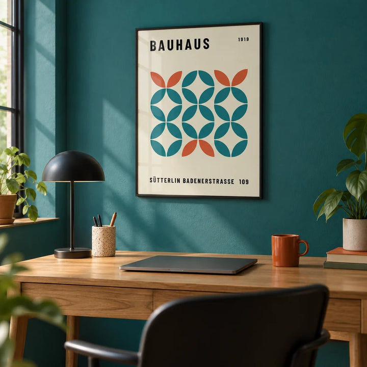Work Office Wall Art, framed on the wall of a design-led home office with a solid teal painted wall