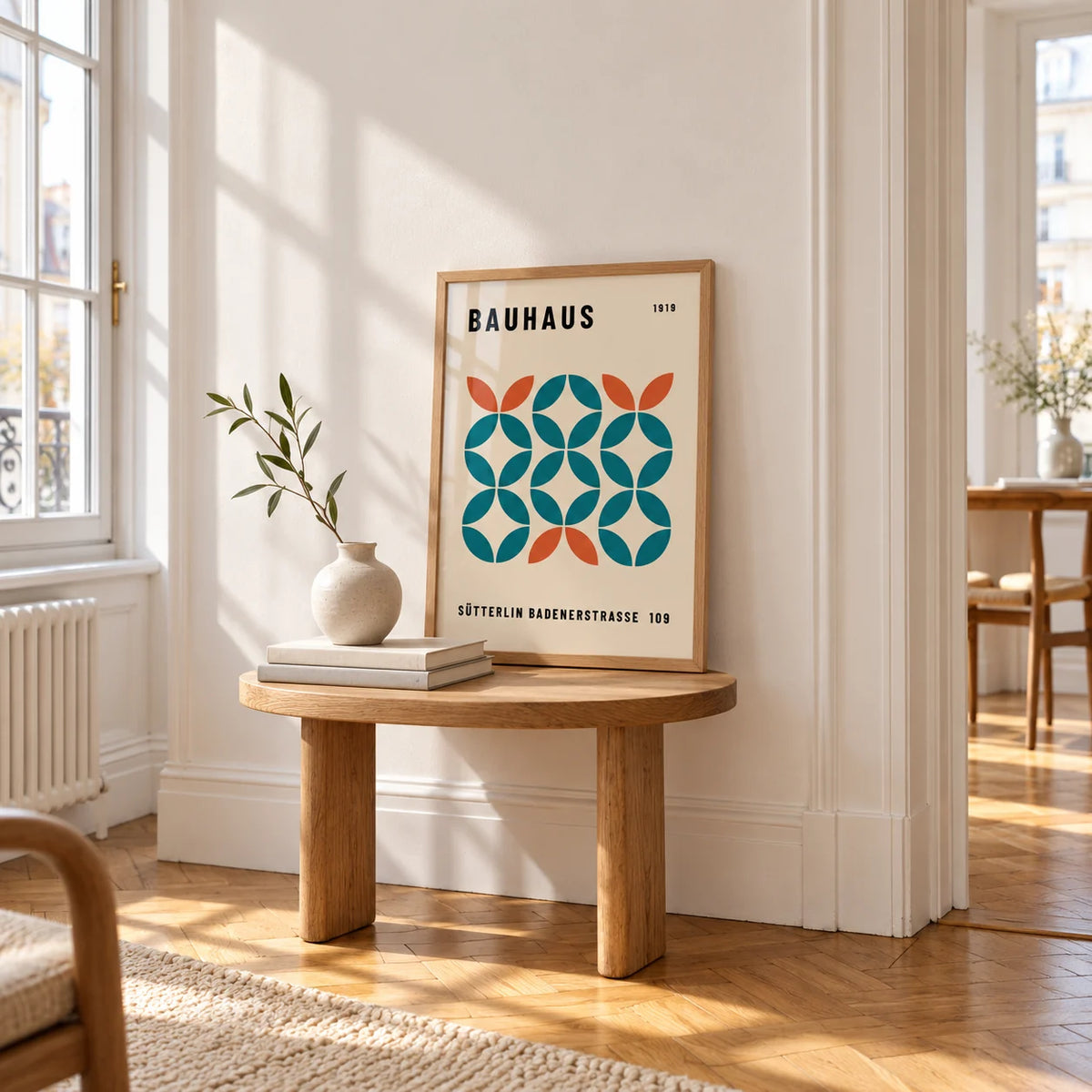 Work Office Wall Art, a small A4 framed print leaning on a small solid oak side table