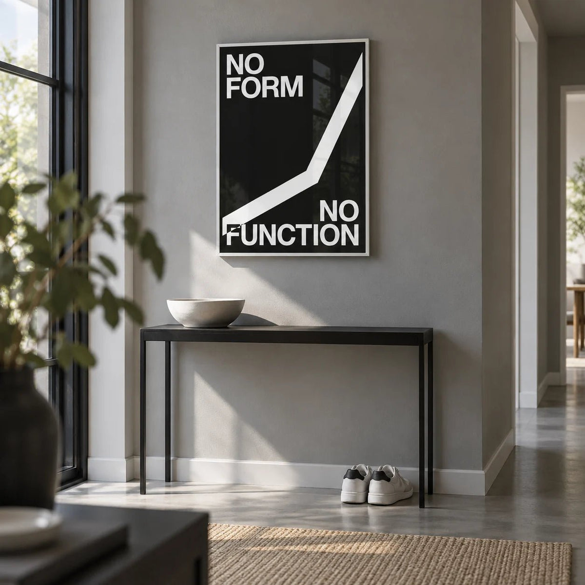 Workout Room Wall Art, framed on the wall of a minimal hallway with a grey wall