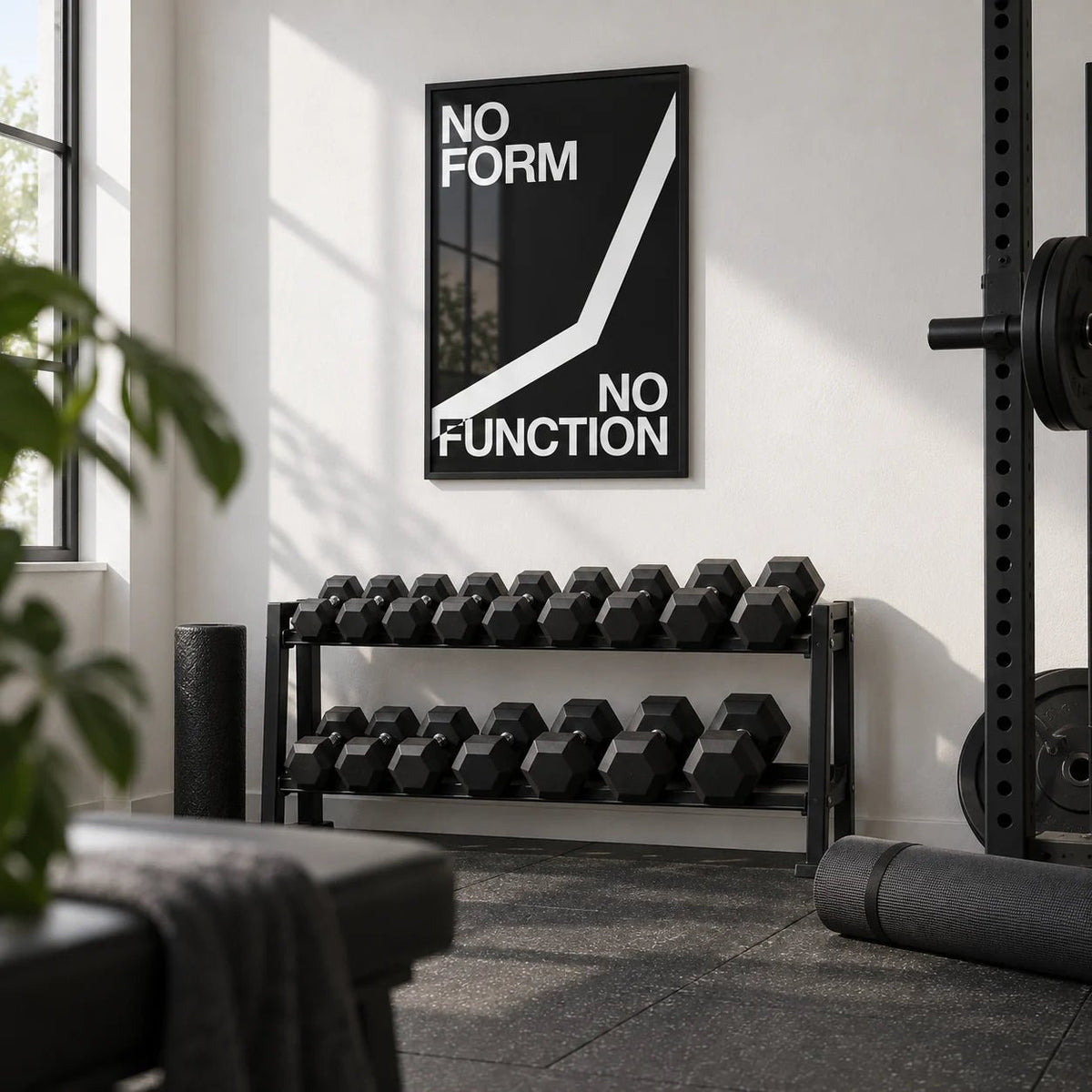 Workout Room Wall Art, framed on the wall of a minimal home gym