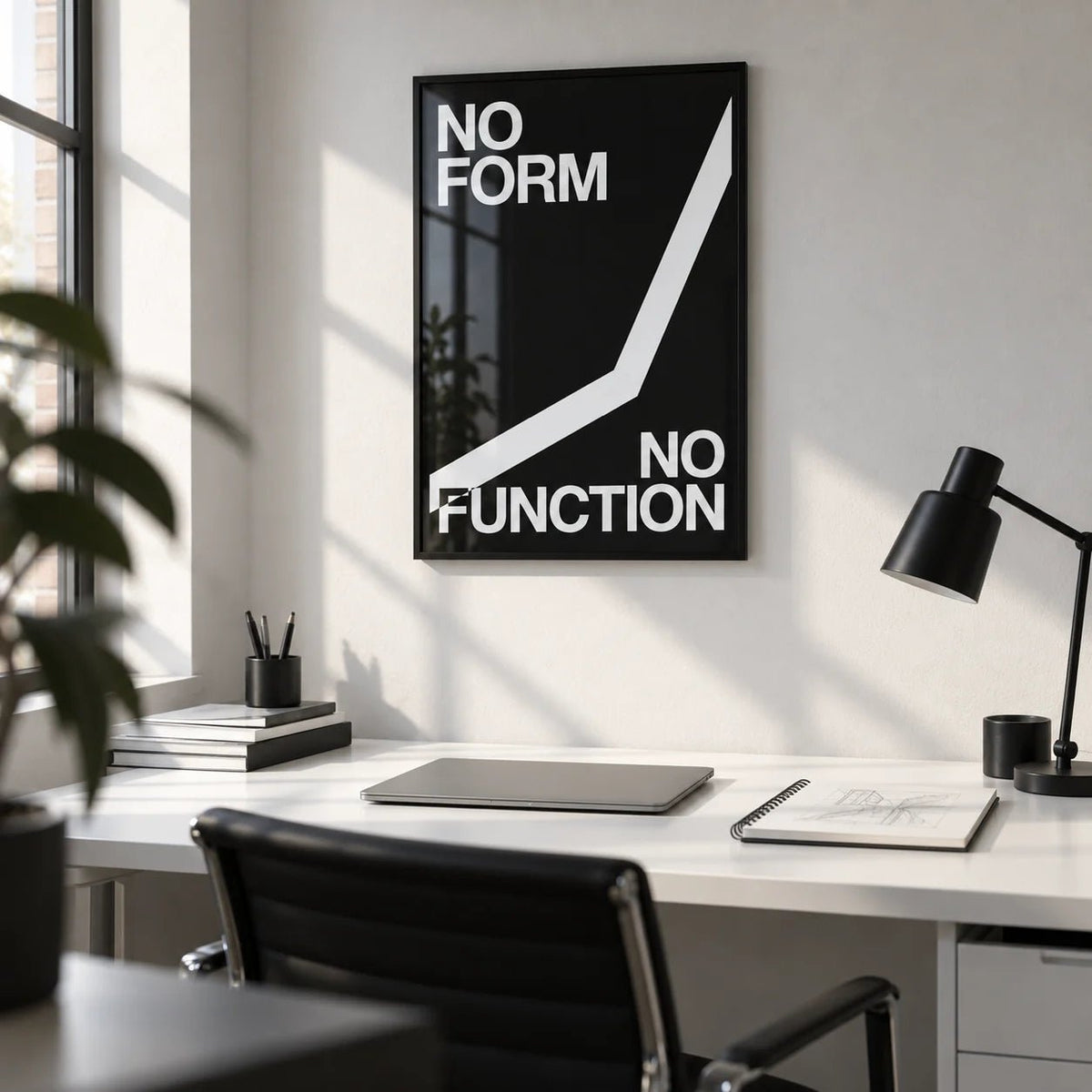 Workout Room Wall Art, framed on the wall of a monochrome designer's studio in a home office