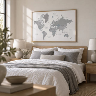 World Map Art, framed on the wall of a calm bedroom
