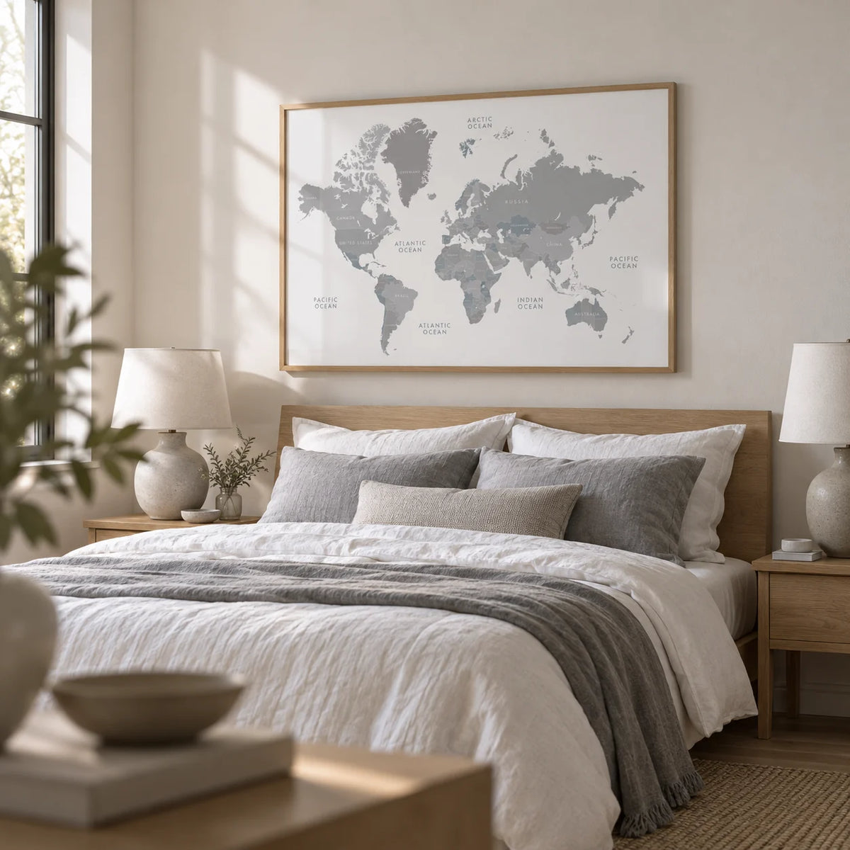 World Map Art, framed on the wall of a calm bedroom
