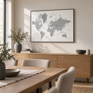 World Map Art, framed on the wall of a calm dining room