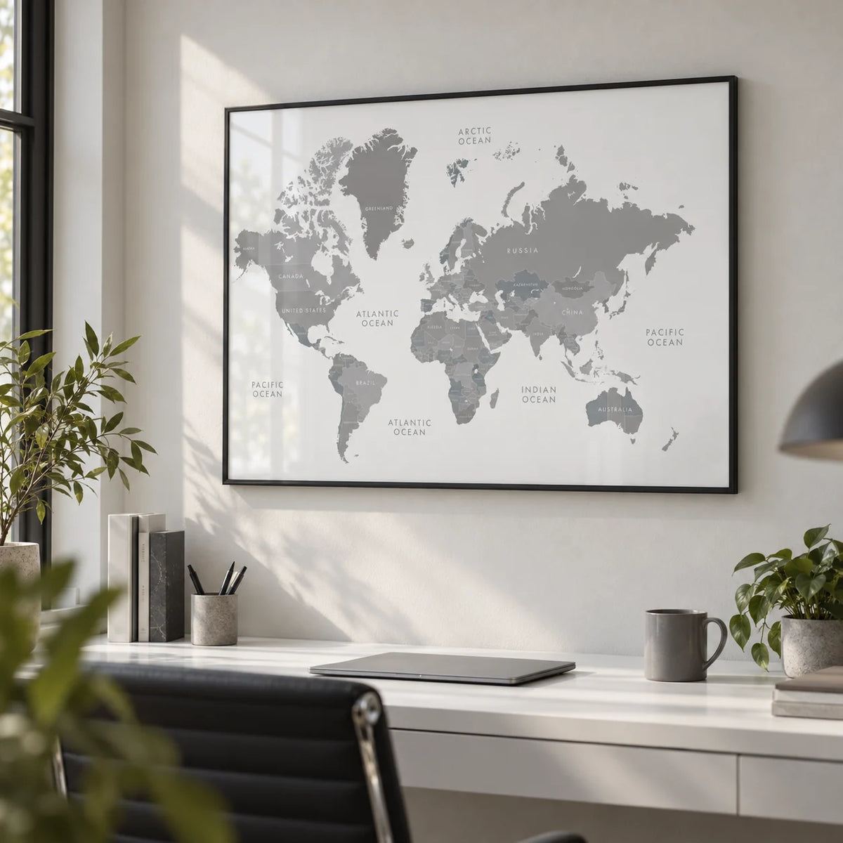 World Map Art, framed on the wall of a calm home office